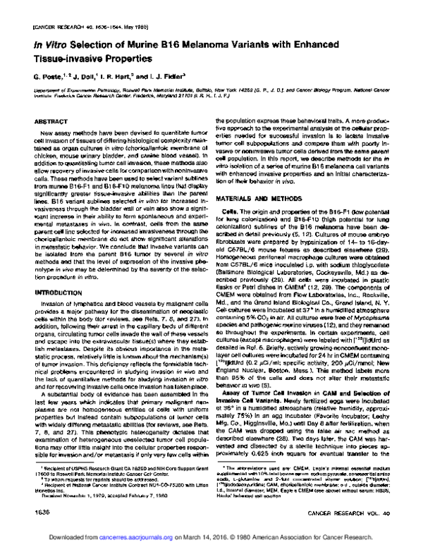 (PDF) In vitro selection of murine B16 melanoma variants with enhanced ...