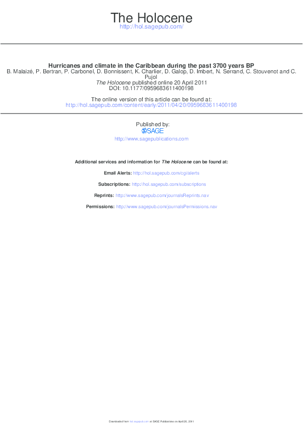 Malaizé et al 2011 Hurricanes and climate in the Caribbean during the past 3700 years BP. The Holocene