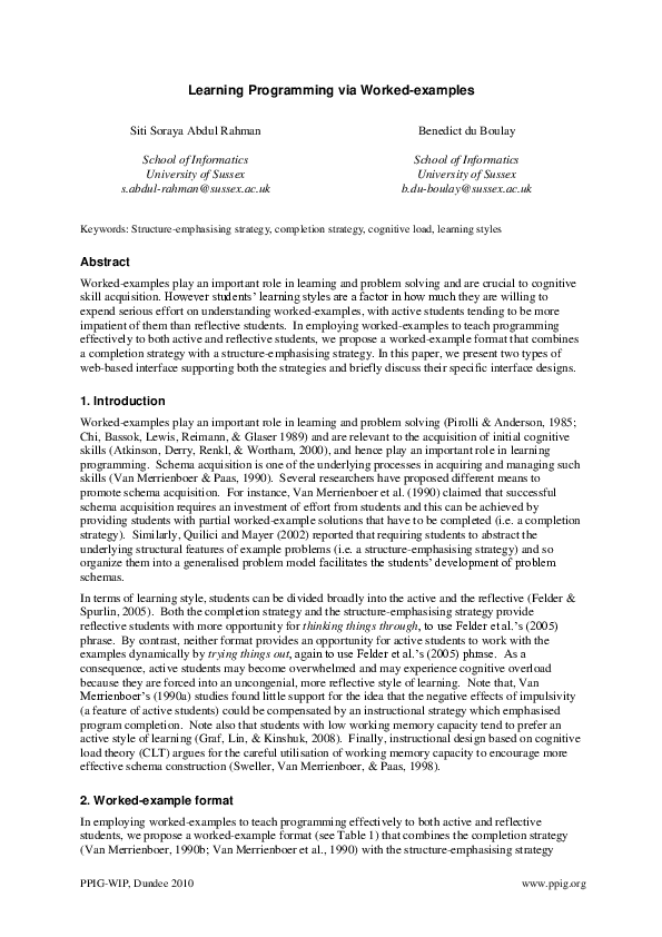 (PDF) Learning Programming via Worked-examples