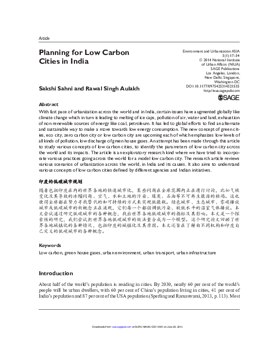 (PDF) Planning for Low Carbon Cities in India