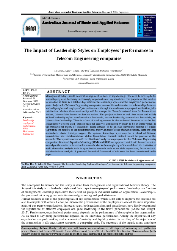 (PDF) The Impact of Leadership Styles on Employees' performance in ...