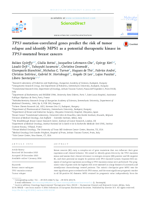 (PDF) TP53 mutation-correlated genes predict the risk of tumor relapse ...