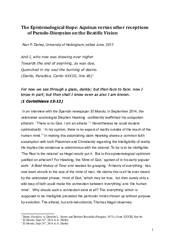 The Epistemological Hope: Aquinas versus other receptions of Pseudo-Dionysius on the Beatific Vision