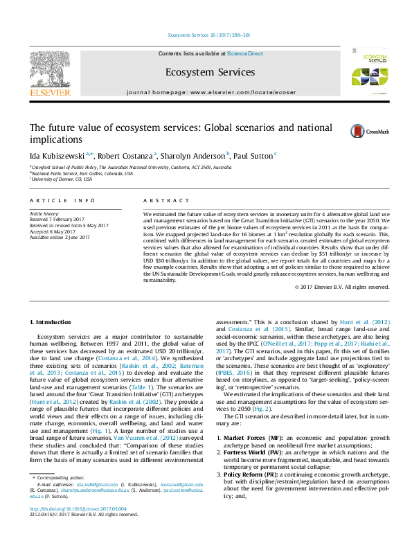  PDF The Future Value Of Ecosystem Services Global Scenarios And National Implications 