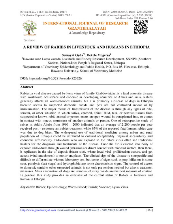 (PDF) A REVIEW OF RABIES IN LIVESTOCK AND HUMANS IN ETHIOPIA