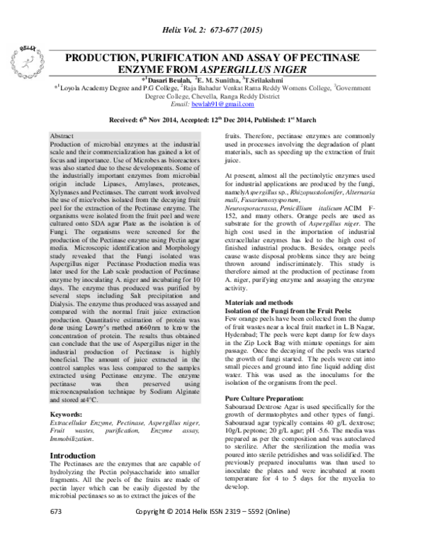 (PDF) PRODUCTION, PURIFICATION AND ASSAY OF PECTINASE ENZYME FROM