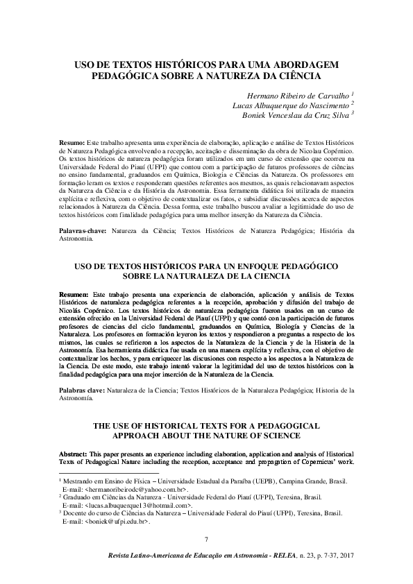 (PDF) USO DE TEXTOS HISTÓRICOS PARA UMA ABORDAGEM PEDAGÓGICA SOBRE A ...