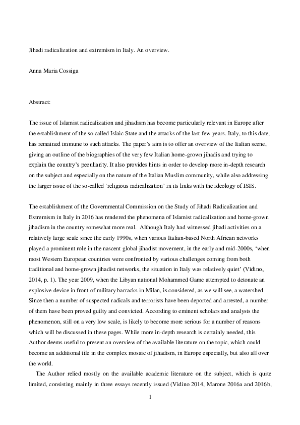 Jihadi radicalization and extremism in Italy. An overview