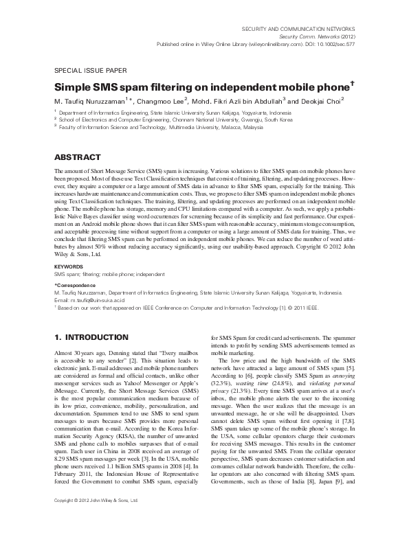 (PDF) Simple SMS spam filtering on independent mobile phone