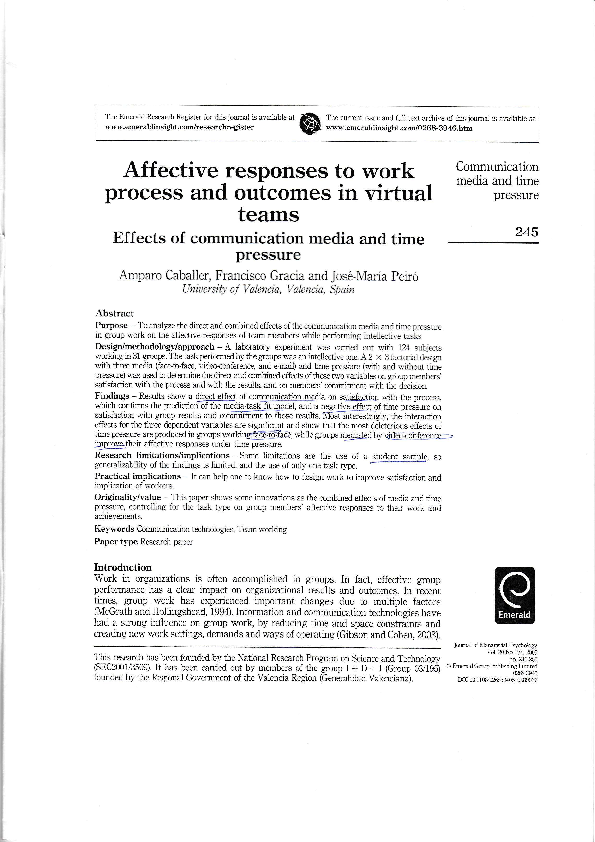 (PDF) Affective responses to work process and outcomes in virtual teams ...