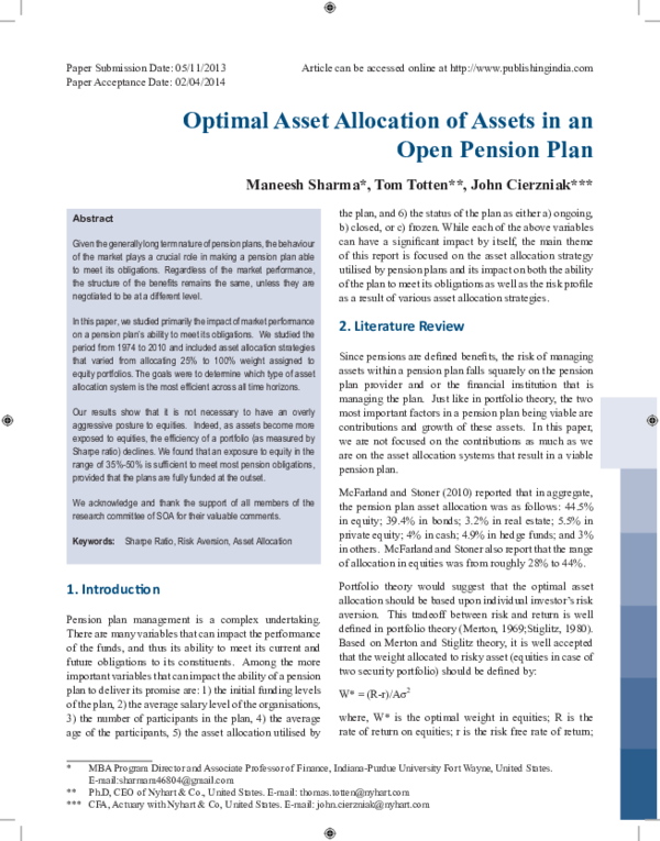 (PDF) Optimal Asset Allocation of Assets in an Open Pension Plan
