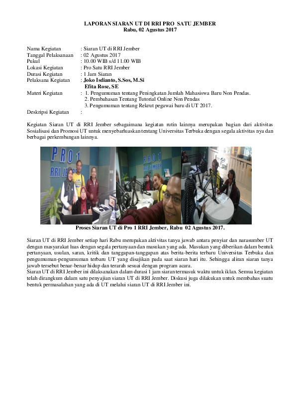 (DOC) LAPORAN SIARAN UT DI RRI PRO SATU JEMBER 02082017.docx | Joko ...