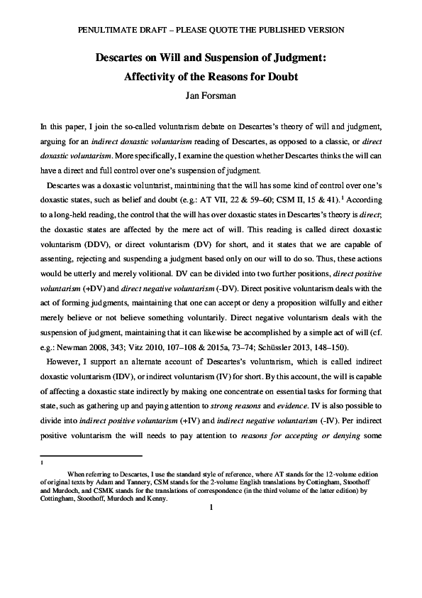 (DOC) Descartes on Will and Suspension of Judgment Affectivity of the