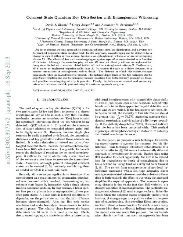 (PDF) Coherent State Quantum Key Distribution with Entanglement Witnessing