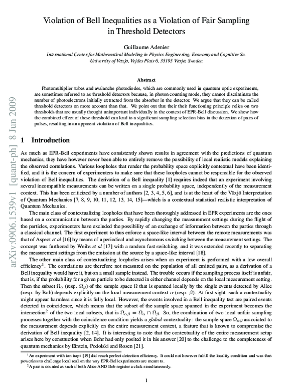 (PDF) Violation of Bell Inequalities as a Violation of Fair Sampling in ...