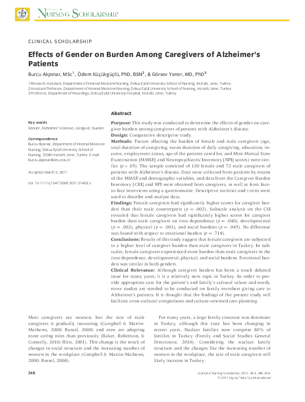 (PDF) Effects of Gender on Burden Among Caregivers of Alzheimer's Patients