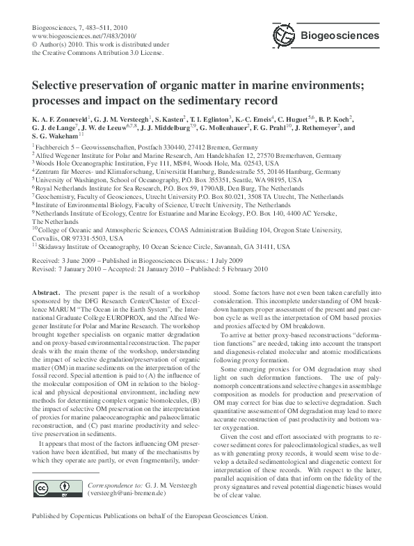(PDF) Selective preservation of organic matter in marine environments ...