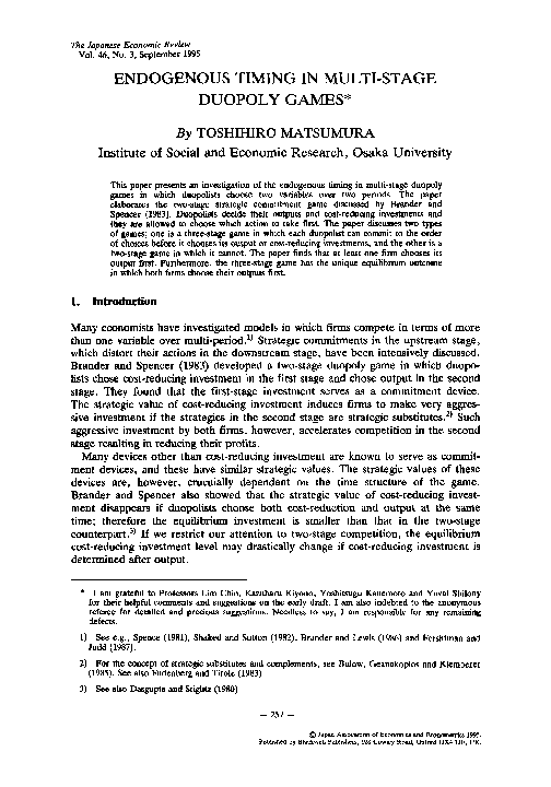 (PDF) Endogenous Timing in Multi-Stage Duopoly Games