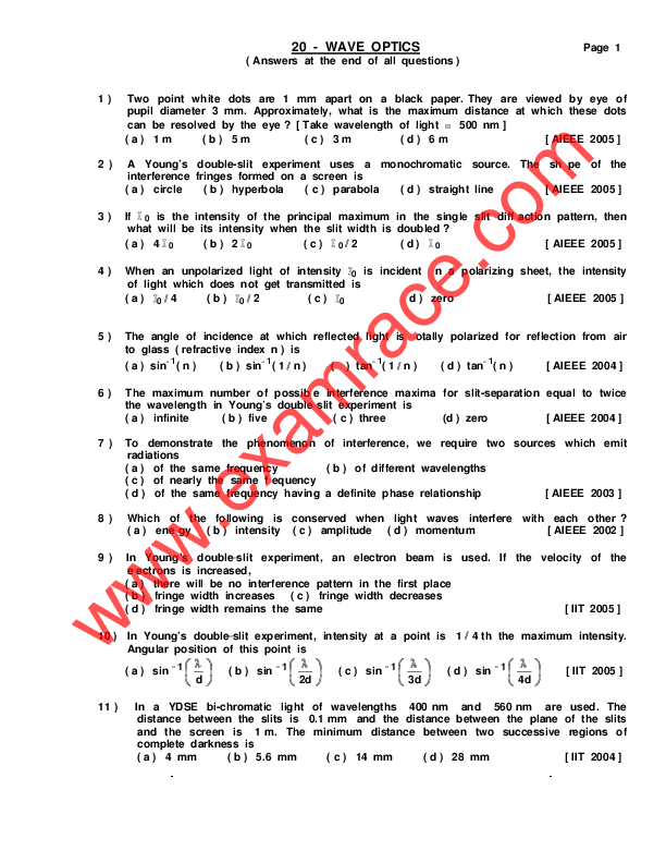 (PDF) Physics Wave Optics MCQ Mousa Abu Mousa Academia.edu