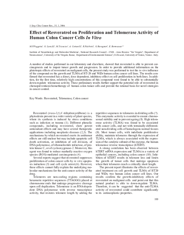 (PDF) Effect of resveratrol on proliferation and telomerase activity of ...