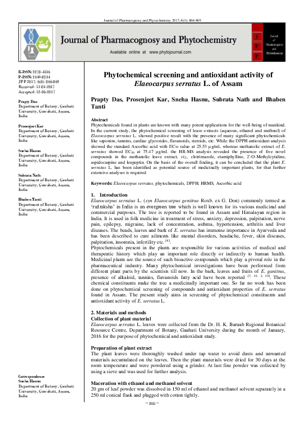 (PDF) Phytochemical screening and antioxidant activity of Elaeocarpus ...