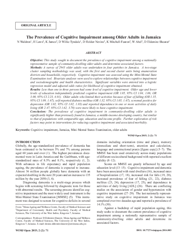 (PDF) The Prevalence of Cognitive Impairment among Older Adults in Jamaica