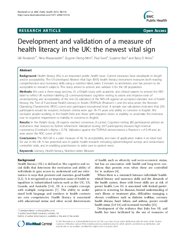 (PDF) Development and validation of a measure of health literacy in the ...