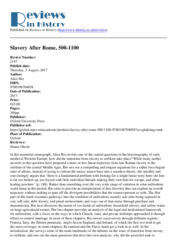 Review of Alice Rio, Slavery After Rome, 500-1100