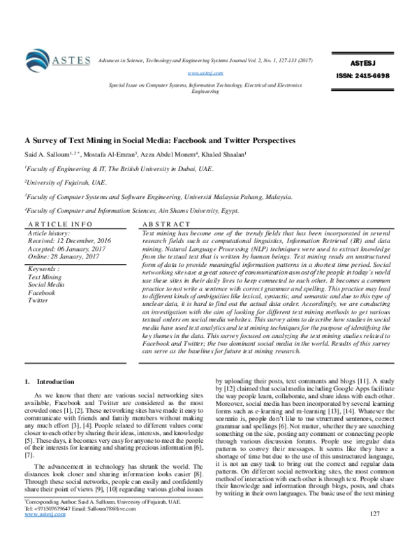 (PDF) A Survey of Text Mining in Social Media: Facebook and Twitter ...