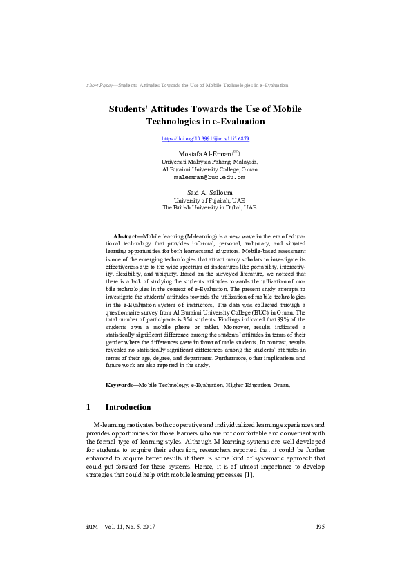 (PDF) Students' Attitudes Towards the Use of Mobile Technologies in e ...