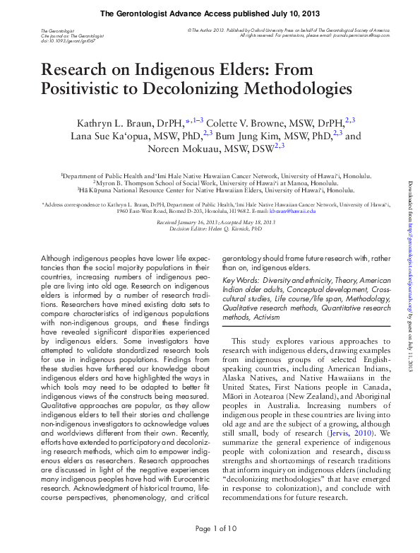 (PDF) Research on Indigenous Elders: From Positivistic to Decolonizing ...