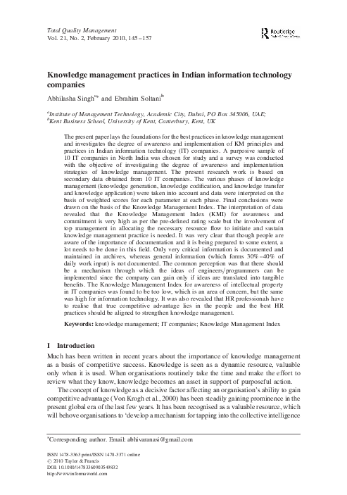 (PDF) Knowledge management practices in Indian information technology ...