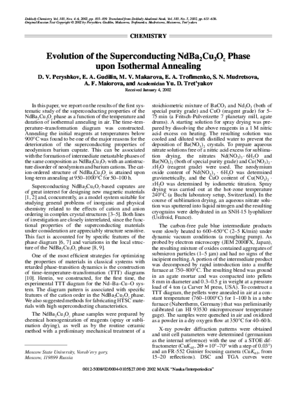 (PDF) Evolution of the Superconducting NdBa 2 Cu 3 O z Phase upon ...