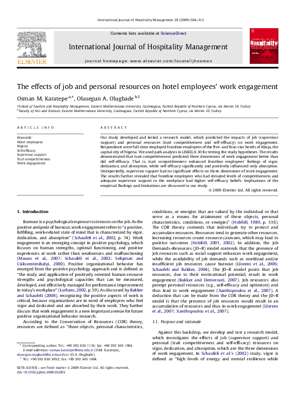 (PDF) The effects of job and personal resources on hotel employees ...