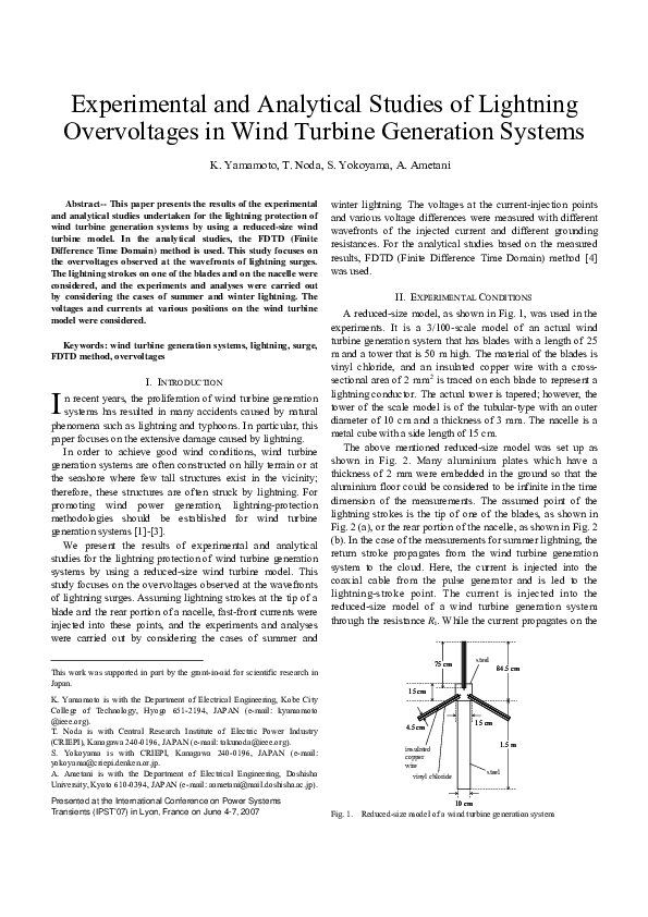 (PDF) Experimental and analytical studies of lightning overvoltages in wind turbine generator