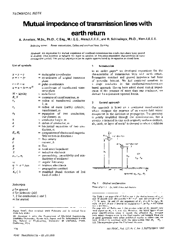 (PDF) Mutual impedance of transmission lines with earth return Akihiro Ametani Academia.edu