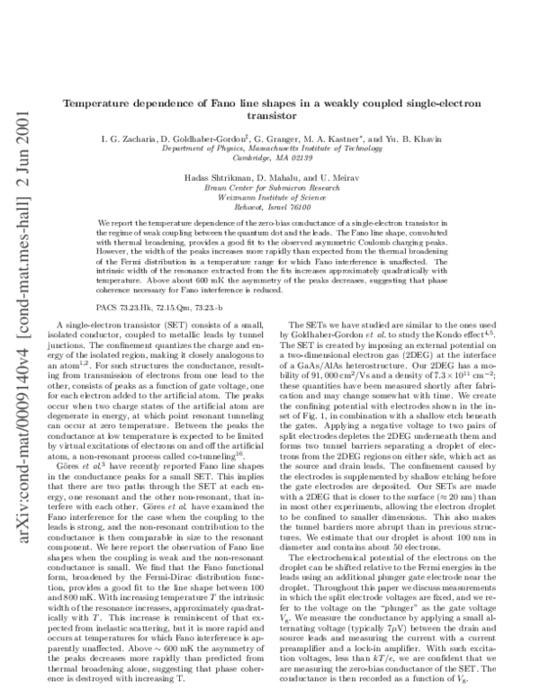 (PDF) Temperature dependence of Fano line shapes in a weakly coupled ...