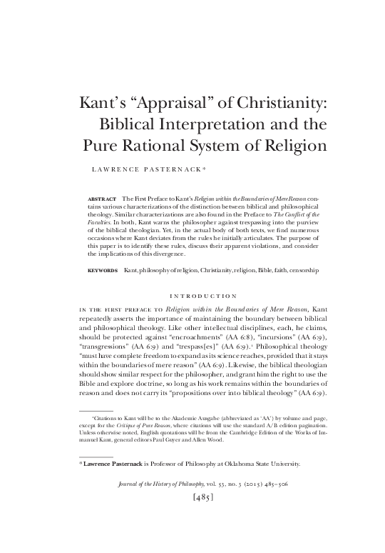 (PDF) Kant’s ‘Appraisal’ of Christianity Biblical Interpretation and