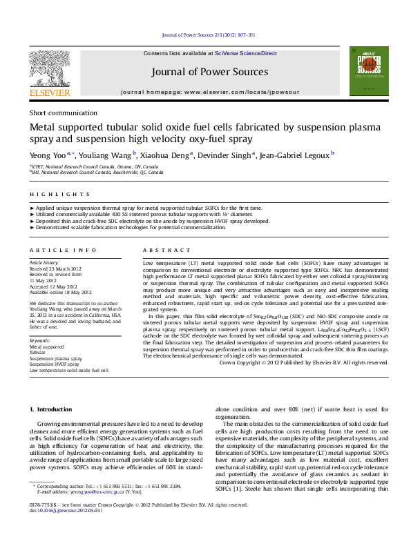 (PDF) Metal supported tubular solid oxide fuel cells fabricated by ...