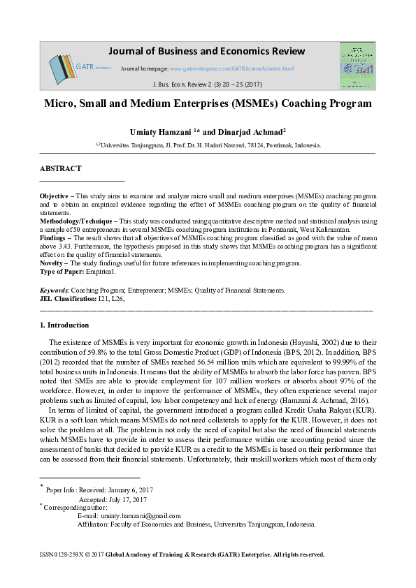 (PDF) Micro, Small and Medium Enterprises (MSMEs) Coaching Program