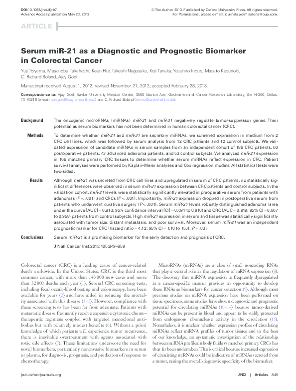 (PDF) Serum miR-21 as a Diagnostic and Prognostic Biomarker in ...