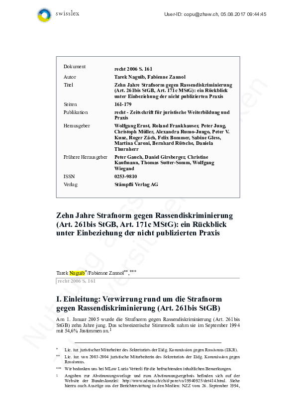 (PDF) Zehn Jahre Strafnorm gegen Rassendiskriminierung (Art. 261bis