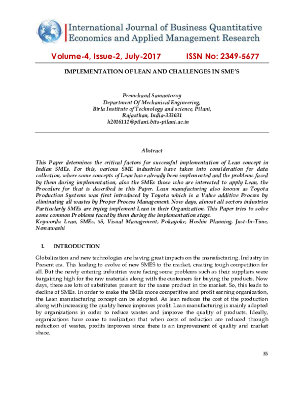 (PDF) IMPLEMENTATION OF LEAN AND CHALLENGES IN SME'S