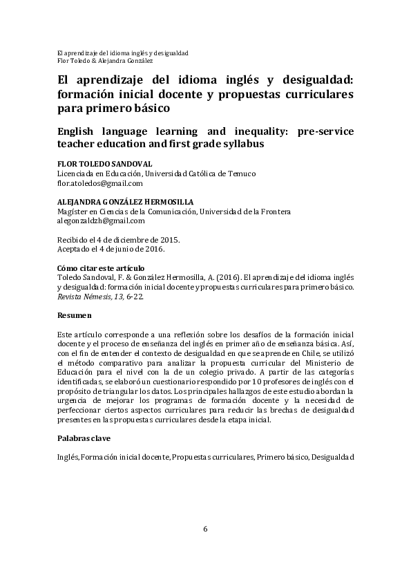 (PDF) El aprendizaje del idioma inglés y desigualdad formación inicial