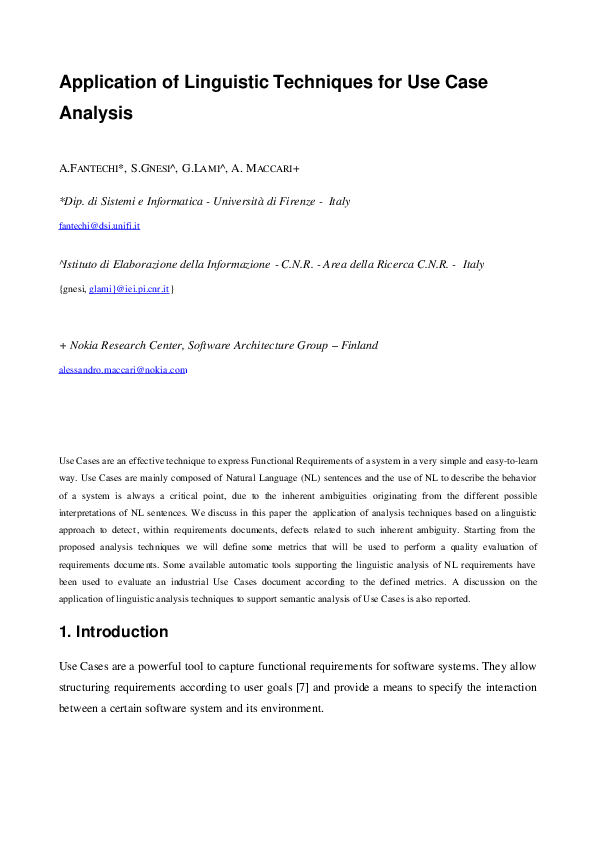 (PDF) Application of linguistic techniques for Use Case analysis