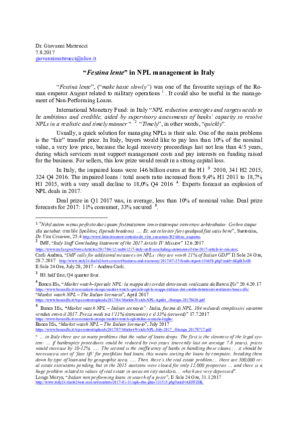 (PDF) ADR Matteucci 2017.08.07 Festina lente in NPL management in Italy.pdf