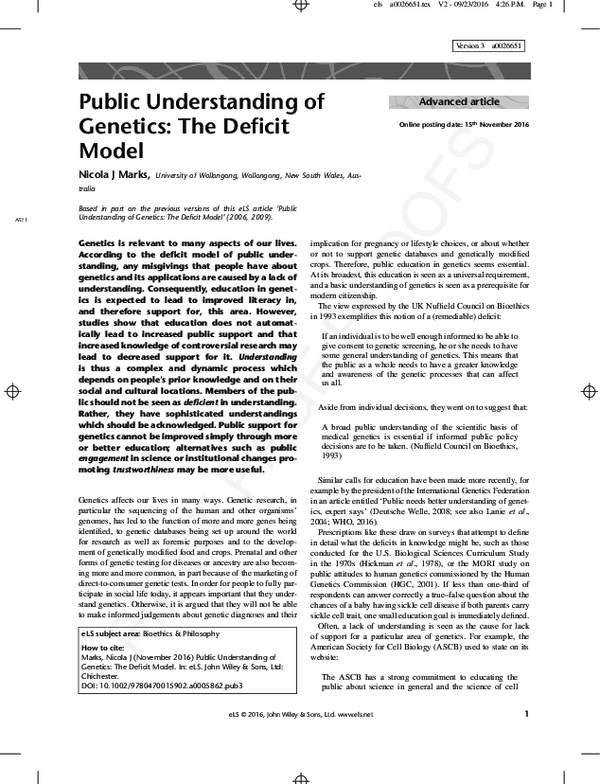 (PDF) Public Understanding of Genetics: The Deficit Model
