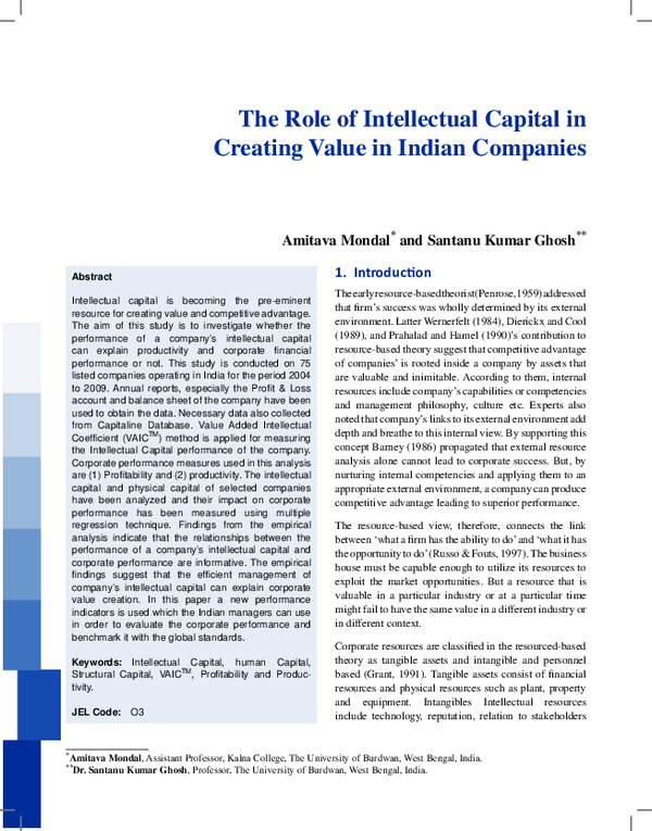 (PDF) The Role of Intellectual Capital in Creating Value in Indian ...