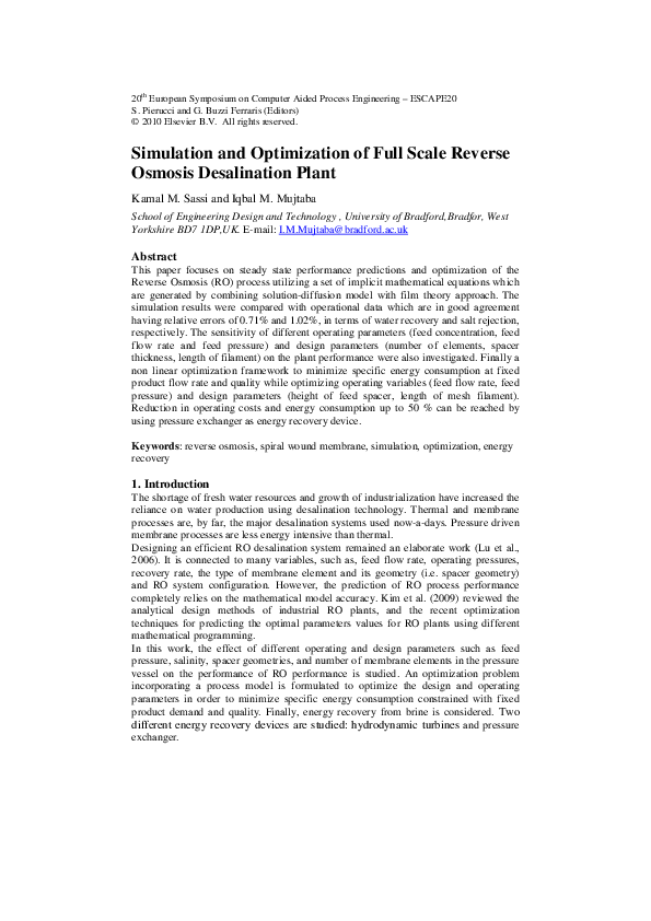 (PDF) Simulation and Optimization of Full Scale Reverse Osmosis ...