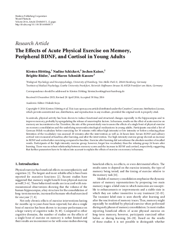 (PDF) The Effects of Acute Physical Exercise on Memory, Peripheral BDNF ...